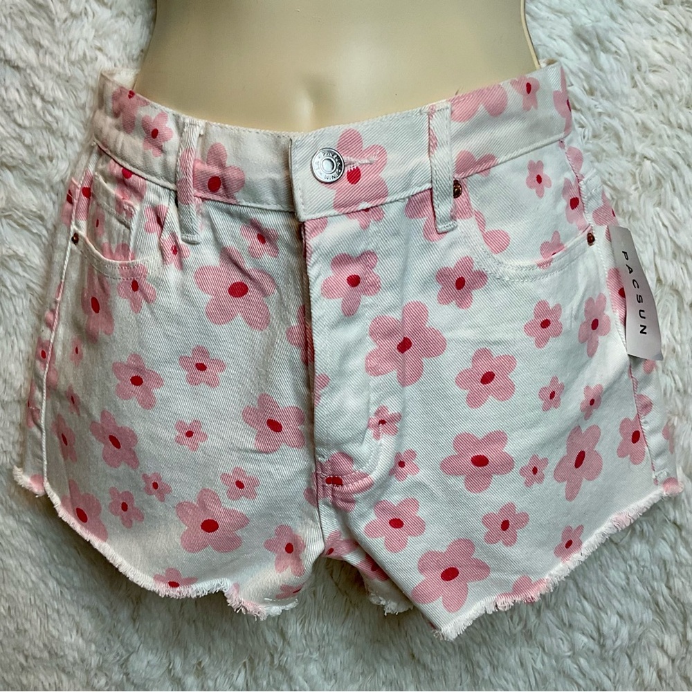 PacSun White Denim Jean Shorts with Pink Floral Print